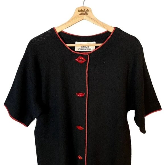 Steve Fabrikant Red Lips Funky Vintage Black Wool Short Sleeve Midi Dress SZ 10 - Picture 1 of 15